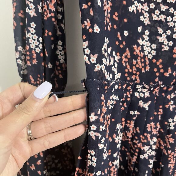 Michael Kors Georgette Shirt Dress Size XXS Navy Blue Floral Pleated Cheer Party - Picture 6 of 10